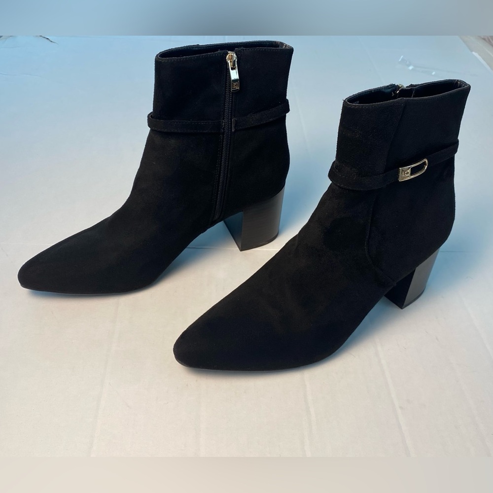 Liz Claiborne Memory Foam Ankle Boots Women's Size 11M Suede Black Gold Accents
